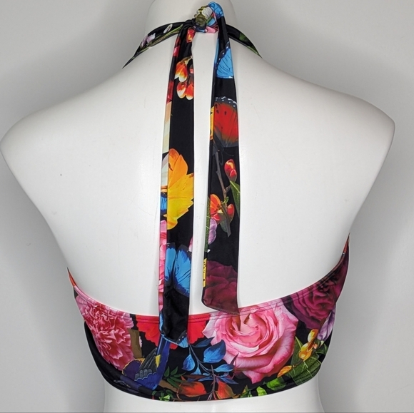 Peddney Black Colorful Flower Bird Butterfly Halter Tie Bikini Top L - Picture 5 of 9